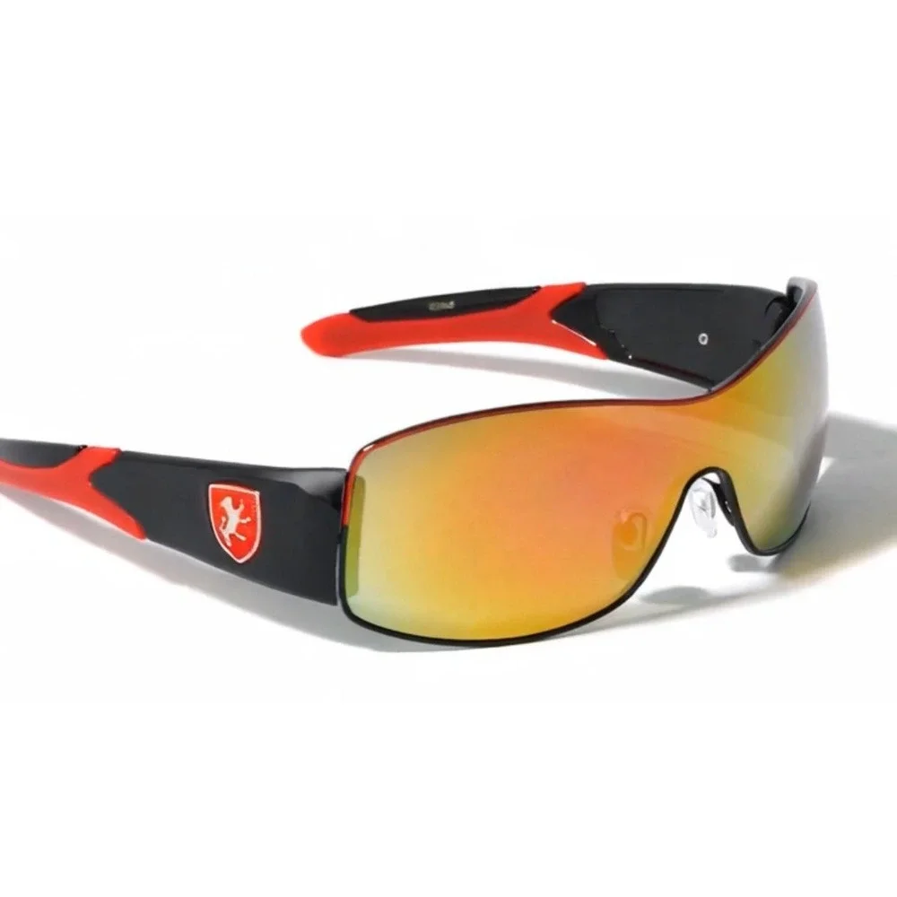 Mens Sport Wrap Sunglasses Black‎ Red Shield Red Mirror Lens Fashion Performance